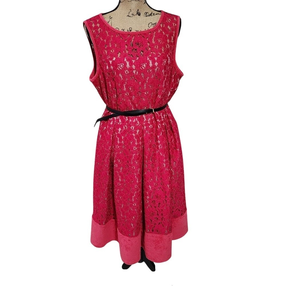 Calvin Klein Fuscia Lace overlay faux suede trim midi party‎ dress plus size 14W